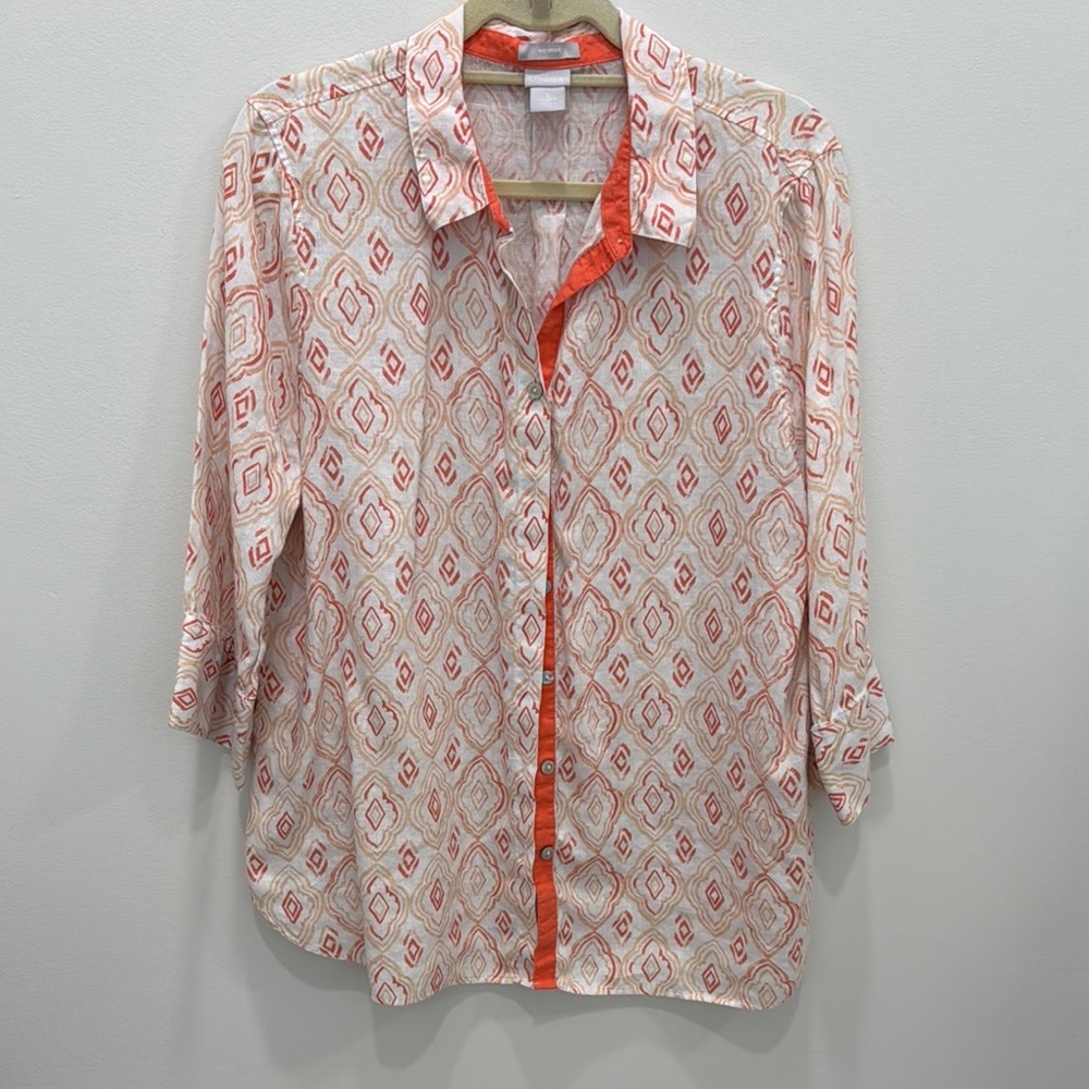 Chico's Geometric Print Blouse - Orange and Cream - Linen - Chico size 3